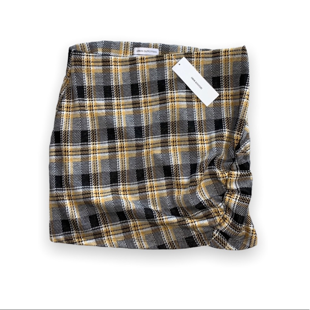Urban Outfitters - Kinsley Ruched Mini Skirt Yellow Plaid - Medium